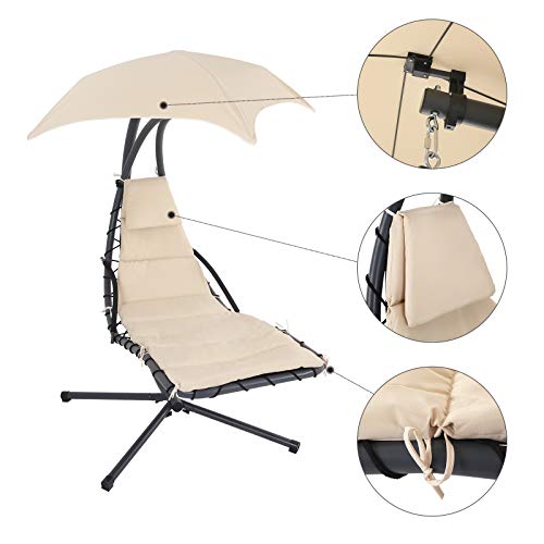 SONGMICS Schwebeliege, Hängeliege mit Gestell und Sonnenschirm, Hängesessel mit 5 cm Dicker Auflage, Hängeschaukel, Terrasse, Balkon, Garten, bis 150 kg belastbar, beige GHC10BE - 4