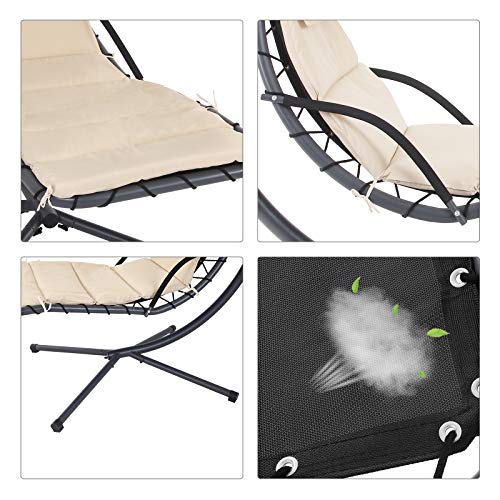 SONGMICS Schwebeliege, Hängeliege mit Gestell und Sonnenschirm, Hängesessel mit 5 cm Dicker Auflage, Hängeschaukel, Terrasse, Balkon, Garten, bis 150 kg belastbar, beige GHC10BE - 5