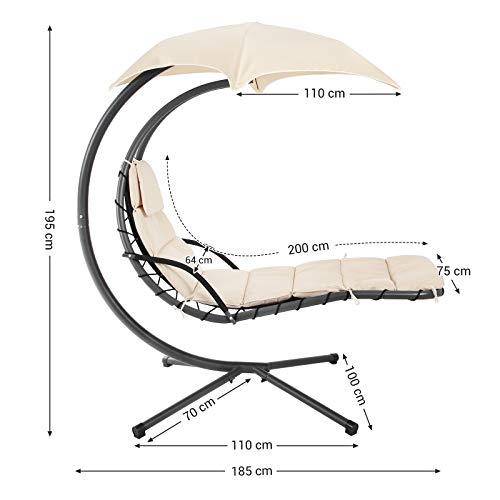SONGMICS Schwebeliege, Hängeliege mit Gestell und Sonnenschirm, Hängesessel mit 5 cm Dicker Auflage, Hängeschaukel, Terrasse, Balkon, Garten, bis 150 kg belastbar, beige GHC10BE - 6