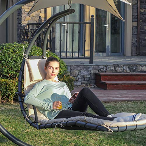 SONGMICS Schwebeliege, Hängeliege mit Gestell und Sonnenschirm, Hängesessel mit 5 cm Dicker Auflage, Hängeschaukel, Terrasse, Balkon, Garten, bis 150 kg belastbar, beige GHC10BE - 7