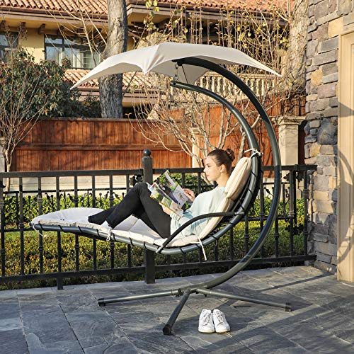SONGMICS Schwebeliege, Hängeliege mit Gestell und Sonnenschirm, Hängesessel mit 5 cm Dicker Auflage, Hängeschaukel, Terrasse, Balkon, Garten, bis 150 kg belastbar, beige GHC10BE - 8