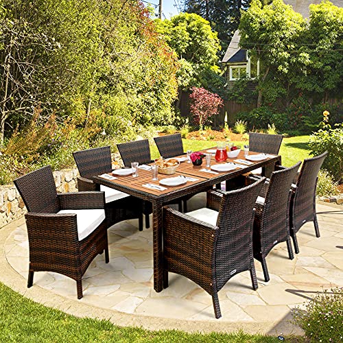 Deuba Poly Rattan Sitzgruppe Garten 8 Breite Stühle 7cm Auflagen Gartentisch Akazie Holz 8 Personen Gartenmöbel Set Braun - 2