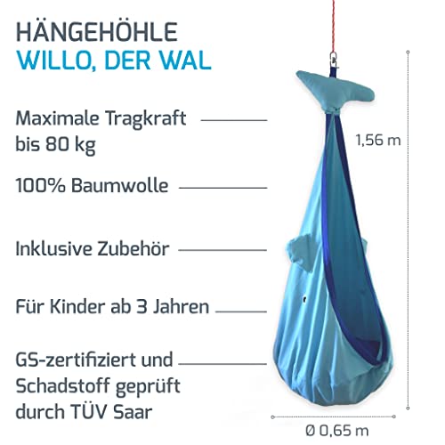 snuutje Hängehöhle für Kinder Willo der Wal (Schadstoff geprüft und GS-Zertifiziert, aus 100% Baumwolle, hält bis 80 kg, mit Zubehör) blau - 2