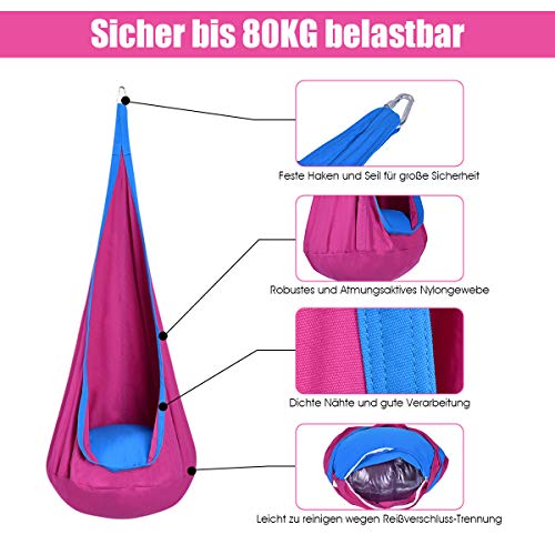 DREAMADE Hängehöhle für Kinder, Hängesessel Kinderhängesitz für innen und draußen, Kinder Hängesack als Fly Schaukel, Kinderhängeplatz Hängeschaukel mit Sitzkissen, max. 80kg belastbar (Rosa) - 3