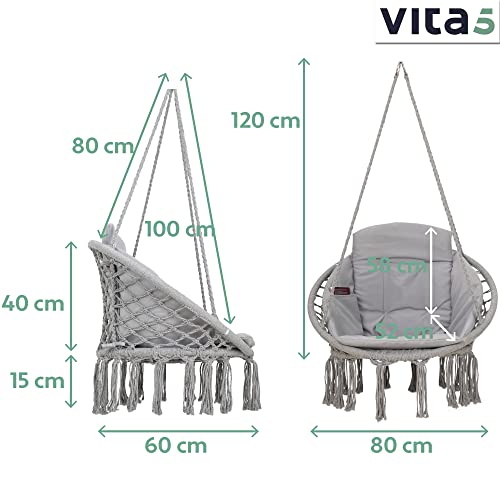 VITA5 Hängesessel mit Kissen, Bücherfach & Abdeckhaube – Hängestuhl für Erwachsene & Kinder -Belastbar bis 150 kg – Hängesessel Outdoor & Indoor (Wohn & Kinderzimmer, Garten) (Grau) - 3