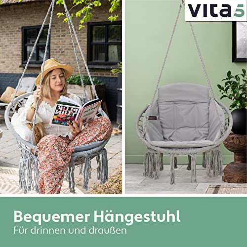 VITA5 Hängesessel mit Kissen, Bücherfach & Abdeckhaube – Hängestuhl für Erwachsene & Kinder -Belastbar bis 150 kg – Hängesessel Outdoor & Indoor (Wohn & Kinderzimmer, Garten) (Grau) - 4