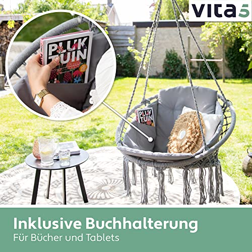 VITA5 Hängesessel mit Kissen, Bücherfach & Abdeckhaube – Hängestuhl für Erwachsene & Kinder -Belastbar bis 150 kg – Hängesessel Outdoor & Indoor (Wohn & Kinderzimmer, Garten) (Grau) - 6