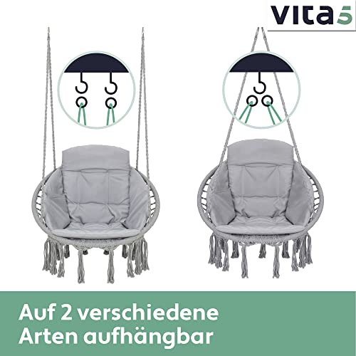 VITA5 Hängesessel mit Kissen, Bücherfach & Abdeckhaube – Hängestuhl für Erwachsene & Kinder -Belastbar bis 150 kg – Hängesessel Outdoor & Indoor (Wohn & Kinderzimmer, Garten) (Grau) - 7