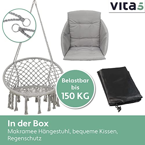 VITA5 Hängesessel mit Kissen, Bücherfach & Abdeckhaube – Hängestuhl für Erwachsene & Kinder -Belastbar bis 150 kg – Hängesessel Outdoor & Indoor (Wohn & Kinderzimmer, Garten) (Grau) - 8