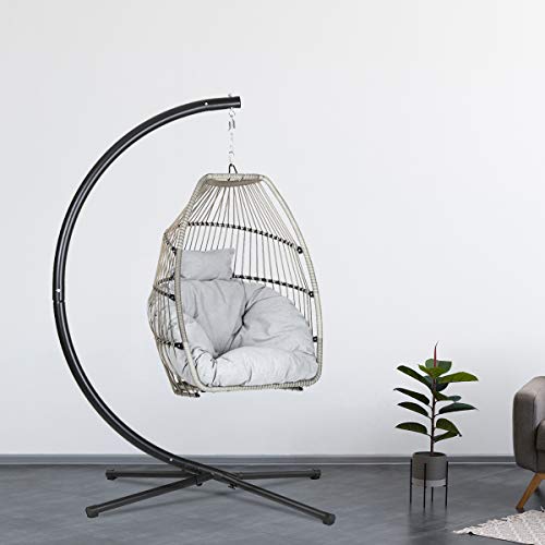 Sekey Polyrattan Hängesessel mit Gestell, Garten Hängestuhl inkl. Sitzkissen und Rückenkissen für Balkon, Grau XXL - 2
