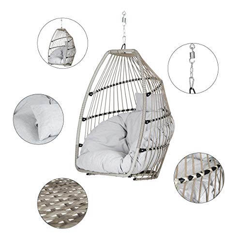Sekey Polyrattan Hängesessel mit Gestell, Garten Hängestuhl inkl. Sitzkissen und Rückenkissen für Balkon, Grau XXL - 3