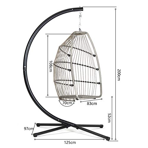 Sekey Polyrattan Hängesessel mit Gestell, Garten Hängestuhl inkl. Sitzkissen und Rückenkissen für Balkon, Grau XXL - 4