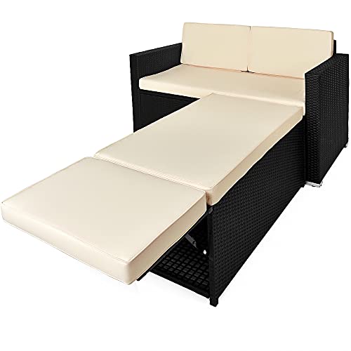 Deuba Poly Rattan Lounge Sofa 2 Sitzer Sitztruhe mit Stauraum Dicke Auflagen Relaxliege Sonnenliege Couch Set Schwarz