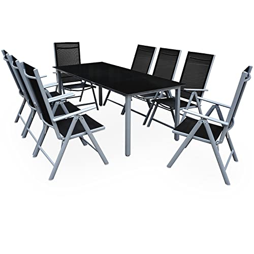 Deuba Sitzgruppe Bern 8+1 Aluminium 7-Fach verstellbare Hochlehner Stühle Tisch mit Sicherheitsglas Silber Garten Set