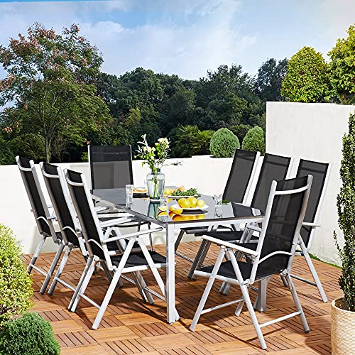 Deuba Sitzgruppe Bern 8+1 Aluminium 7-Fach verstellbare Hochlehner Stühle Tisch mit Sicherheitsglas Silber Garten Set - 2