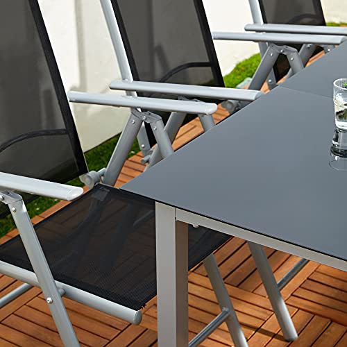 Deuba Sitzgruppe Bern 8+1 Aluminium 7-Fach verstellbare Hochlehner Stühle Tisch mit Sicherheitsglas Silber Garten Set - 6