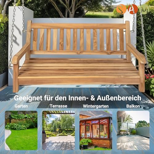 Junado Möbel Outlet Gartenschaukel Susana aus Teak Holz Schaukelbank hängende Bank Breite wetterbeständig und stabil geschliffen und naturbelassen braun 120 x 60 x 65 cm - 2