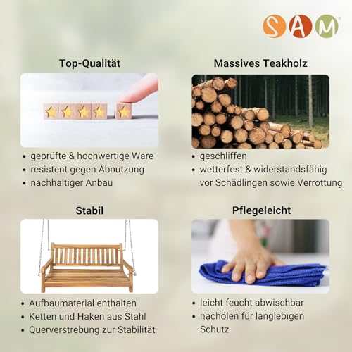 Junado Möbel Outlet Gartenschaukel Susana aus Teak Holz Schaukelbank hängende Bank Breite wetterbeständig und stabil geschliffen und naturbelassen braun 120 x 60 x 65 cm - 3