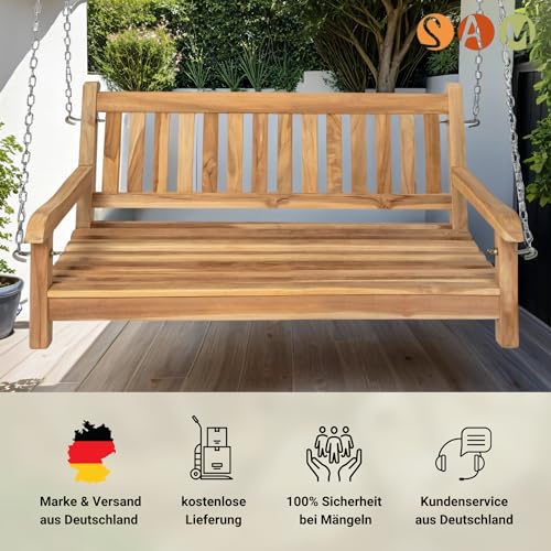 Junado Möbel Outlet Gartenschaukel Susana aus Teak Holz Schaukelbank hängende Bank Breite wetterbeständig und stabil geschliffen und naturbelassen braun 120 x 60 x 65 cm - 5