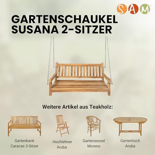 Junado Möbel Outlet Gartenschaukel Susana aus Teak Holz Schaukelbank hängende Bank Breite wetterbeständig und stabil geschliffen und naturbelassen braun 120 x 60 x 65 cm - 7