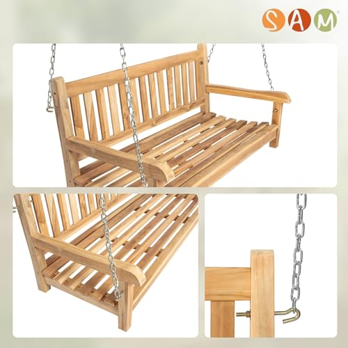 Junado Möbel Outlet Gartenschaukel Susana aus Teak Holz Schaukelbank hängende Bank Breite wetterbeständig und stabil geschliffen und naturbelassen braun 120 x 60 x 65 cm - 8
