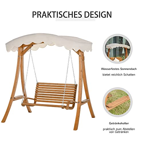 Outsunny Hollywoodschaukel, 2-Sitzer Gartenschaukel, Schaukelbank mit Sonnendach, Kiefernholz, Cremeweiß, 170 x 135 x 170 cm - 5