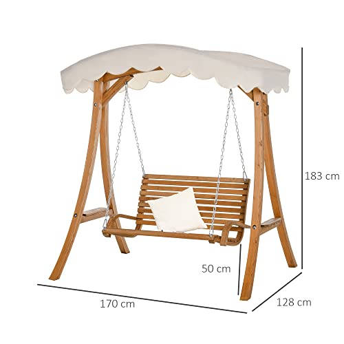 Outsunny Hollywoodschaukel, 2-Sitzer Gartenschaukel, Schaukelbank mit Sonnendach, Kiefernholz, Cremeweiß, 170 x 135 x 170 cm - 3