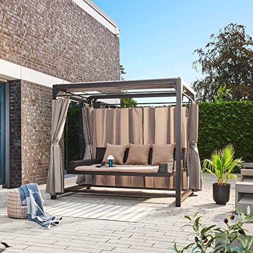 Home Deluxe - Sonnenliege Pavillon Provence - Schwebendes Rattanbett inkl. schließbare Vorhänge | Hollywoodschaukel, Doppel-Gartenliege, Lounge-Pavillon