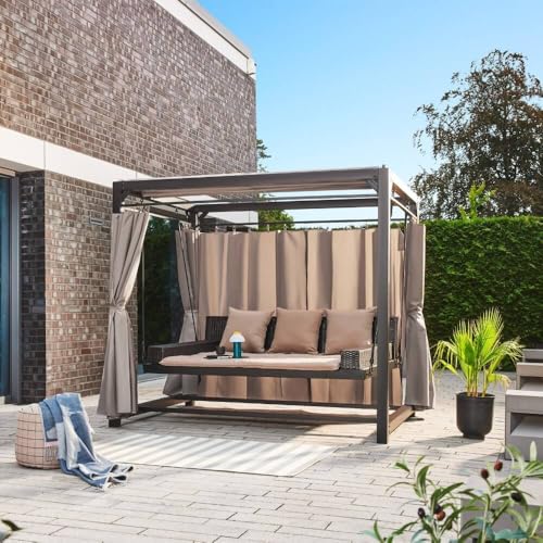 Home Deluxe – Sonnenliege Pavillon Provence – Schwebendes Rattanbett inkl. schließbare Vorhänge | Hollywoodschaukel, Doppel-Gartenliege, Lounge-Pavillon - 2