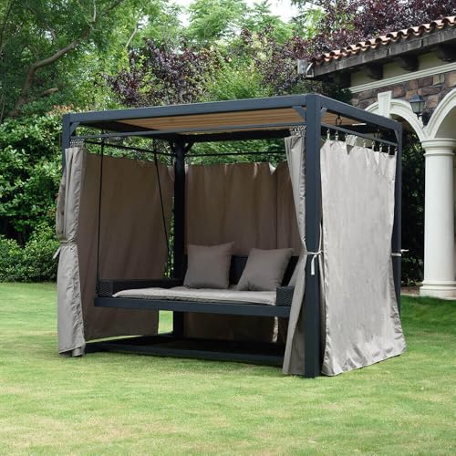 Home Deluxe – Sonnenliege Pavillon Provence – Schwebendes Rattanbett inkl. schließbare Vorhänge | Hollywoodschaukel, Doppel-Gartenliege, Lounge-Pavillon - 6