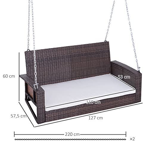 Outsunny Hängebank 2-Sitzer Rattan Gartenschaukel mit Sitzkissen Hängeschaukel Hollywoodschaukel Schaukelbank Gartenbank Braun 127 x 57,5 x 60 cm - 3