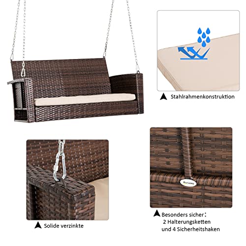 Outsunny Hängebank 2-Sitzer Rattan Gartenschaukel mit Sitzkissen Hängeschaukel Hollywoodschaukel Schaukelbank Gartenbank Braun 127 x 57,5 x 60 cm - 6