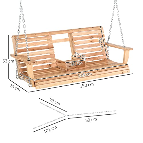 Outsunny Hängebank Gartenschaukel Schaukelbank mit faltbarem Couchtisch für 2-3 Personen Tannenholz Patio Terrasse Hinterhof komfortable 150 x 75 x 53 cm Natur - 3