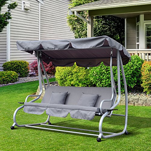 Outsunny Schaukelstuhl 3-Sitzer Hollywoodschaukel Gartenschaukel mit Sitz- und Rückenlehnen Tablett Sitzbank Schwingbank Dachwinkel verstellbar Stahlrohr Polyestergewebe Grau 200 x 120 x 164 cm - 2