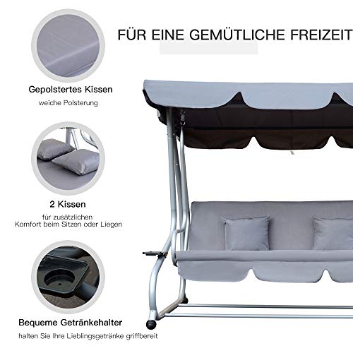 Outsunny Schaukelstuhl 3-Sitzer Hollywoodschaukel Gartenschaukel mit Sitz- und Rückenlehnen Tablett Sitzbank Schwingbank Dachwinkel verstellbar Stahlrohr Polyestergewebe Grau 200 x 120 x 164 cm - 6