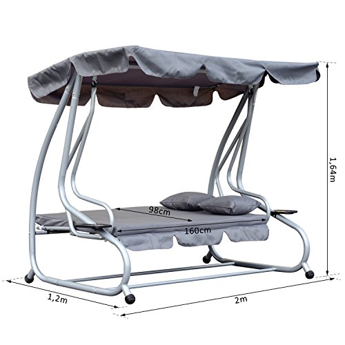 Outsunny Schaukelstuhl 3-Sitzer Hollywoodschaukel Gartenschaukel mit Sitz- und Rückenlehnen Tablett Sitzbank Schwingbank Dachwinkel verstellbar Stahlrohr Polyestergewebe Grau 200 x 120 x 164 cm - 7