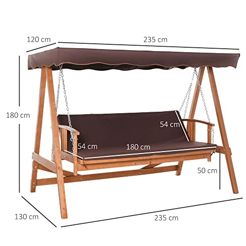 Outsunny Hollywoodschaukel mit Sonnendach Echtholz-Gartenschaukel Schaukelbank Schaukel mit Liege-Funktion aus Tannenholz für 3 Personen Braun - 3