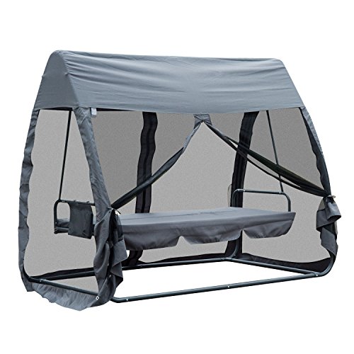 Outsunny Hollywoodschaukel Schaukelbank Gartenliege 3-Sitzer mit Seitenwänden Grau 240x140x197cm - 3