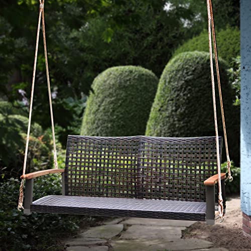 H4L Hängebank Braun 114cm Schaukel 2-Sitzer Bank Gartenbank Polyrattan inkl. Seil Baumschaukel - 4