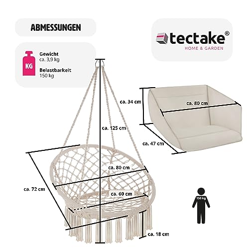 TecTake 800708 Hängesessel zum Aufhängen, Indoor und Outdoor, Ø Sitzfläche: ca. 60 cm, robuste Konstruktion, inkl. großem weichem Kissen – Diverse Farben – (Beige | Nr. 403205) - 2