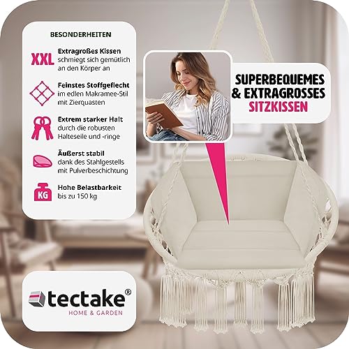 TecTake 800708 Hängesessel zum Aufhängen, Indoor und Outdoor, Ø Sitzfläche: ca. 60 cm, robuste Konstruktion, inkl. großem weichem Kissen – Diverse Farben – (Beige | Nr. 403205) - 3