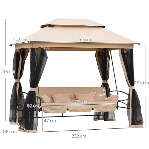 Outsunny Hollywoodschaukel Gartenschaukel Schaukel mit Seitenwänden 3-Sitzer Beige+Schwarz 256 x 172 x 248 cm - 5
