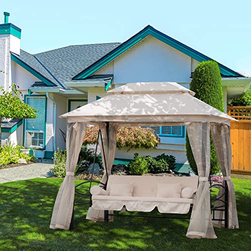 Outsunny 3-Sitzer Hollywoodschaukel Gartenschaukel Pavillon mit Seitenwänden Liegefunktion Stahl + Polyester Beige 232 x 149 x 245 cm - 2