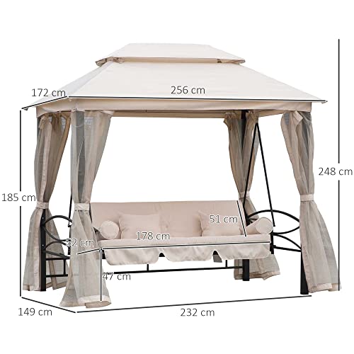Outsunny 3-Sitzer Hollywoodschaukel Gartenschaukel Pavillon mit Seitenwänden Liegefunktion Stahl + Polyester Beige 232 x 149 x 245 cm - 5