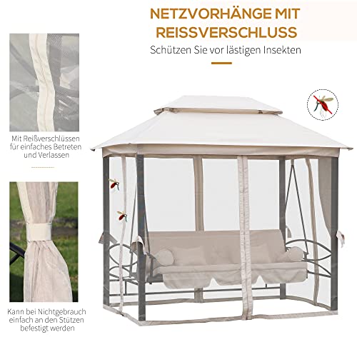 Outsunny 3-Sitzer Hollywoodschaukel Gartenschaukel Pavillon mit Seitenwänden Liegefunktion Stahl + Polyester Beige 232 x 149 x 245 cm - 6