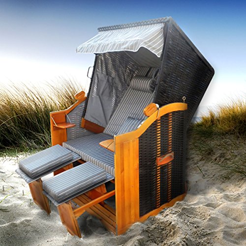 BRAST Strandkorb Deluxe 2-Sitzer XXL für 2 Personen 120cm breit mehrere Designs incl. Abdeckhaube Farbe Anthrazit/Grau/Gestreift - 9