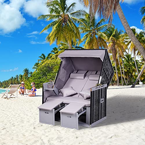 Outsunny Strandkorb mit Sitzhocker und Klapptisch Volllieger Gartenliege Getrankehaltern PE Rattan Grau 118 x 79 x 150 cm - 2