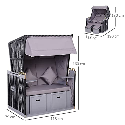 Outsunny Strandkorb mit Sitzhocker und Klapptisch Volllieger Gartenliege Getrankehaltern PE Rattan Grau 118 x 79 x 150 cm - 3