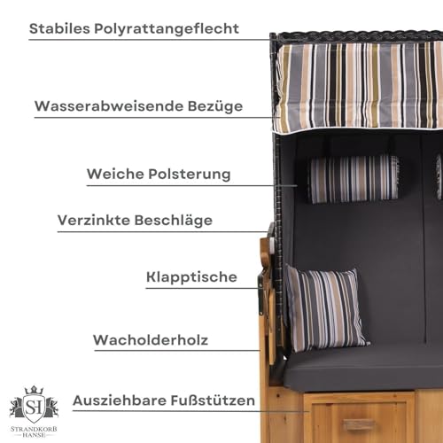 Strandkorb Ostsee XXL Volllieger 2 Sitzer – 120 cm breit – braun grau inklusive Schutzhülle, ideal für Garten und Terrasse - 5
