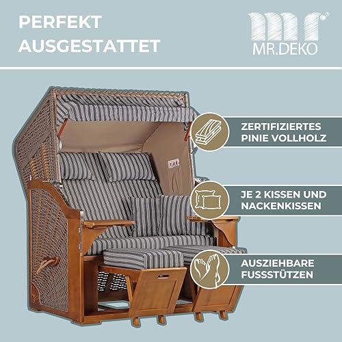 Strandkorb Schleswig Pinie Volllieger Strandstuhl Liegestuhl Pinienholz PE Geflecht Mokka Dessin 553 inkl. 4 Kissen Strandkörbe aus Pinie für Garten, Wintergarten und Terrasse - 6